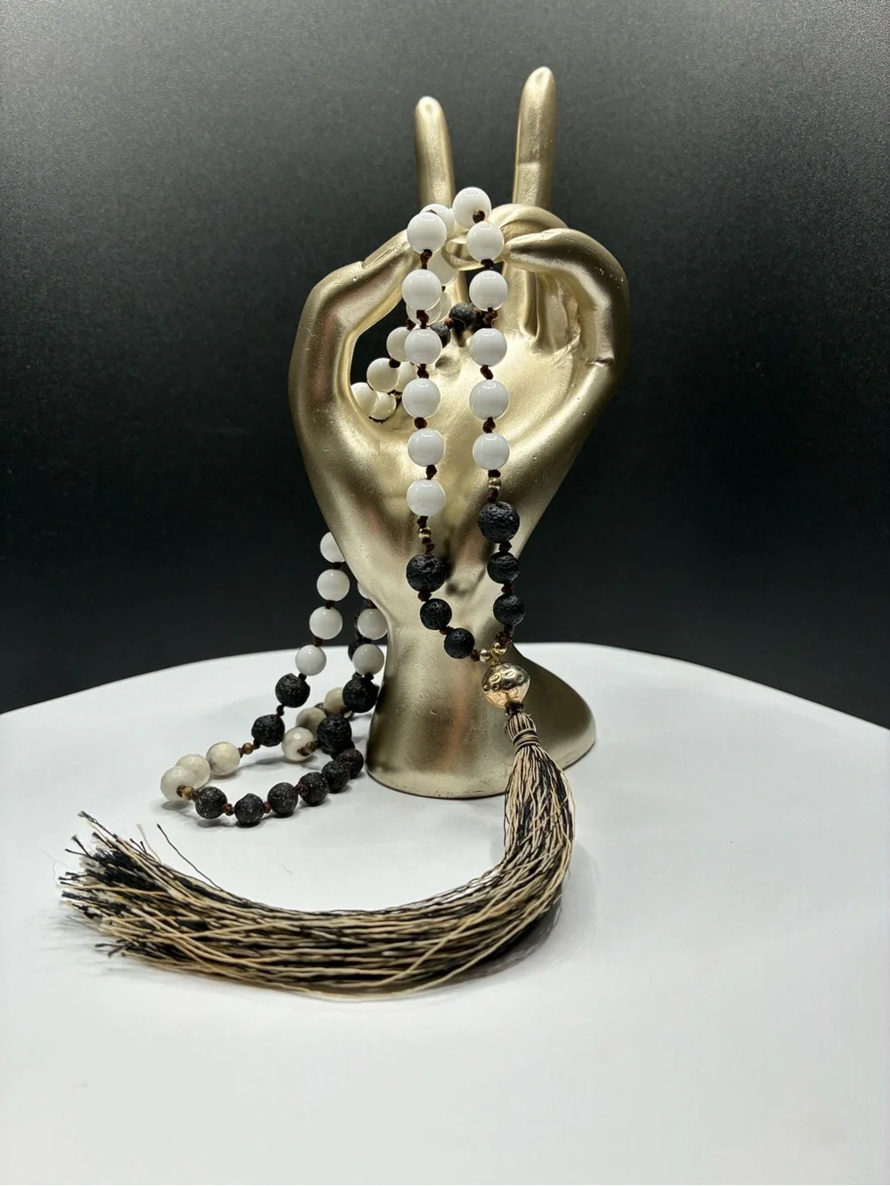 Vintage Layered Mixed Black and White Beaded Necklace with Tassel